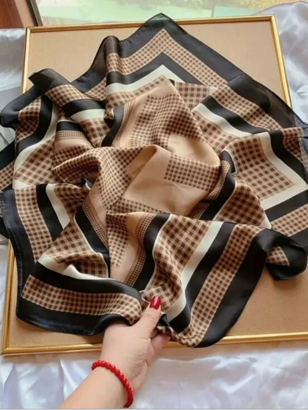Brown and Black Patterned Women's Silk-Feel Scarf